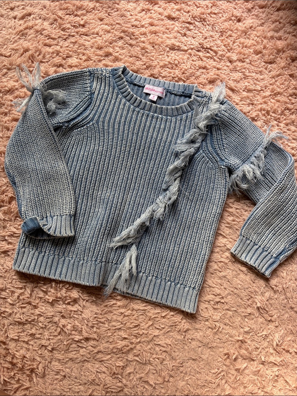 Design History Girls' Light Blue Fringe Detail Knit Sweater 4T